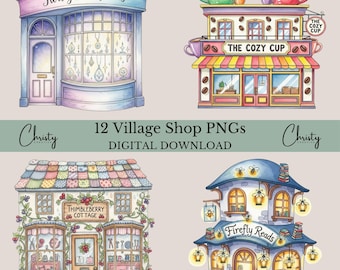 Village Shops PNG-bundel, 12 aquarelillustraties storefront, shopsublimatie, scrapbooking en junkjournal-graphics, transparante png-bestanden