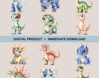 Watercolor Dinosaur Bundle, 12 Cute Dinosaur Designs, Dinosaur Clipart, Nursery Art, Cute Dinosaur Illustrations, Transparent PNGs