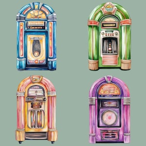 Op de afbeelding: Vier vintage-stijl jukeboxes in verschillende kleuren en ontwerpen. De jukeboxes zijn allemaal in aquarelstijl en hebben een retro-gevoel. De jukeboxes staan allemaal op een rij, waarbij de eerste links blauw is, de tweede groen, de derde roze en de vierde paars.