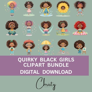 Quirky Black Girl Clipart Bundle, 15 Watercolor African American Designs, Cute Girl Images, Scrapbook, Junk Journal Art, Transparent PNGs