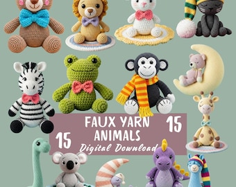 May include: A collection of 15 crocheted faux yarn animals, including a bear, lion, mouse, cat, zebra, frog, monkey, giraffe, dinosaur, koala, llama, and others. Each animal is uniquely designed with colorful details and accessories. The text "FAUX YARN ANIMALS Digital Download" is also visible.