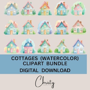 Watercolor Houses Clipart Bundle, 15 Cottage Designs, Tiny House Clip Art, Junk Journal, Scrapbook, Printable Wall Art, Transparent PNG