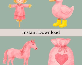 May include: Watercolor illustrations of a pink scarecrow, duck in yellow boots, horse with a braided mane, and a drawstring bag with a heart. The text "Instant Download" is displayed below the illustrations on a light green background.