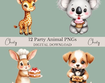 Pode incluir: Download digital de 12 PNGs de animais de festa. A imagem apresenta uma girafa, um coala, um coelho e um cachorrinho, cada um com acessórios de festa. A girafa usa um chapéu de festa, o coala segura um cupcake, o coelho carrega um bolo e o cachorrinho tem um presente.