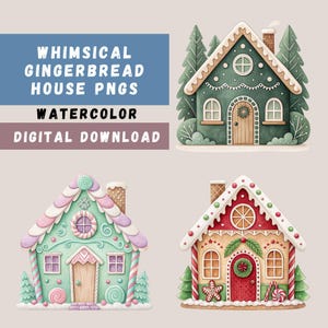 Zestaw clipartów Domek z Piernika, 12 ilustracji akwarelowych Domków, Sublimacja świąteczna, Dziennik śmieci, Scrapbooking, Przezroczyste PNG