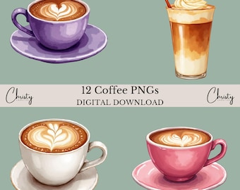 Watercolor Coffee Clipart PNGs, Latte, Espresso (Digital Download)