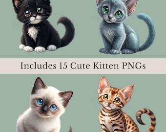 Cute Kittens Clipart Bundle, 15 Adorable Cat Images, Cat Lover Sublimation, Watercolor Cat Graphics, Kitten Clip Art, Transparent PNGs