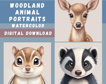 Woodland Animal Portraits, Clipart Bundle, 15 Watercolor Animal Illustrations, Nursery Sublimation, Printable Wall Art, Transparent PNGs