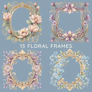 Floral Frames Clipart PNG Bundle, 15 Flower Border Designs, Flower Frames Clip Art, Flower Sublimation, Watercolor PNG, Transparent PNGs