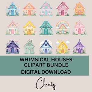 Whimsical Houses Clipart Bundle, 15 Watercolor House Designs, Nursery Wall Art, Junk Journal Graphics, Cute Houses Clip Art, Transparent PNG