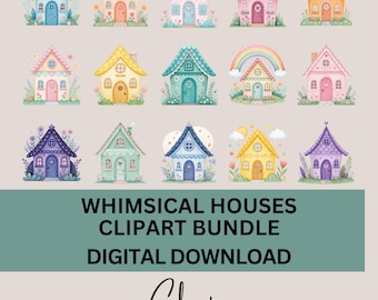 Whimsical Houses Clipart Bundle, 15 Watercolor House Designs, Nursery Wall Art, Junk Journal Graphics, Cute Houses Clip Art, Transparent PNG