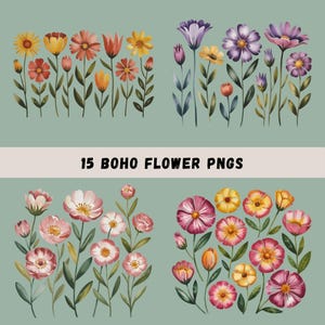 Boho Flowers Clipart Bundle, 15 Watercolor Floral Borders, Flower Sublimation, Printable Wall Art, T-shirt Designs, Transparent PNGs