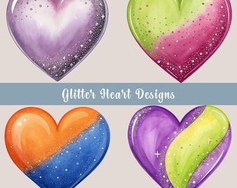 Glitter Hearts Clipart Bundle, 15 färgglada hjärtbilder, kärlekssublimering, skjortdesigner, glittrande hjärtdesigner, glittriga, transparenta PNG-bilder
