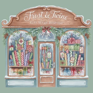 K&ouml;nnte beinhalten: Aquarellillustration eines Geschenkverpackungs-Boutique, "Frost & Twine". Die Ladenfront ist f&uuml;r die Feiertage mit verpackten Geschenken, Papierrollen und festlichen Girlanden geschm&uuml;ckt. Die Fenster und die T&uuml;r des Ladens sind mit Schnee verziert.