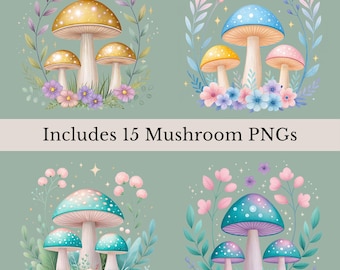 Watercolor Mushroom Clipart, 15 Boho Mushroom Images, Mushroom Sublimation, Magical, Enchanted, Hippie Clip Art, Transparent PNGs
