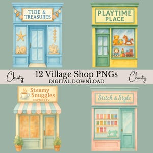 Dorfläden Clipart-Bundle, 12 Aquarell-Gebäude, Crafty Sublimation, Pastell-Gebäude-Illustrationen, Laden-Grenze, transparente PNGs