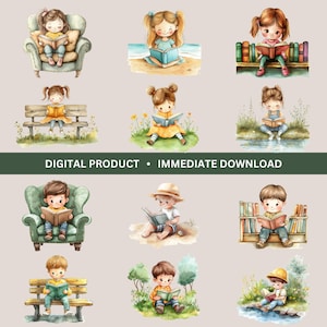 Könnte beinhalten: Ein Set mit 10 digitalen Illustrationen von Kindern, die Bücher lesen. Die Illustrationen sind im Aquarell-Stil gehalten und zeigen Kinder unterschiedlichen Alters und verschiedener Herkunft. Die Kinder sitzen an verschiedenen Orten, darunter ein Stuhl, eine Bank, ein Park und ein Strand. Die Illustrationen eignen sich perfekt für die Verwendung in Kinderbüchern, Lehrmaterialien oder für persönliche Projekte.