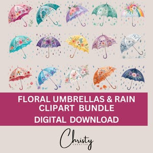 Floral Umbrellas Clipart Bundle, 15 Watercolor Umbrella Rain Designs, Weather Sublimation, Junk Journal Art, Scrapbooking, Transparent PNGs