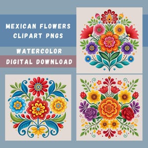 Mexican Embroidery PNG Bundle, 15 Hispanic Flower Designs, Mexican Floral Sublimation, Shirt Designs, Fiesta Party Clipart, Transparent PNGs