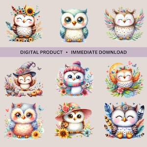 Eule Clipart Digital Download Sublimation PNG Sofortiger Zugang Aquarell Karte Design Junk Journal Art Eule Bundle-Set Eule Blumen Clip Art