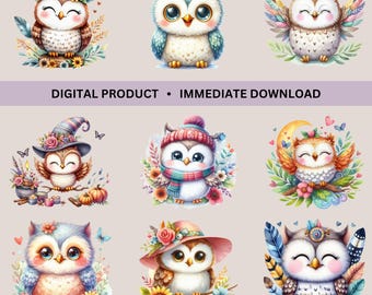 Hibou des cliparts en téléchargement numérique, sublimation PNG, accès immédiat, aquarelle, conception de cartes, art du journal indésirable, ensemble de hibou, ensemble de fleurs hibou, clipart