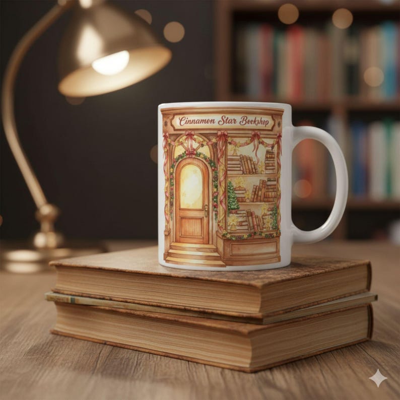 K&ouml;nnte beinhalten: Eine wei&szlig;e Keramiktasse mit der Aufschrift "Cinnamon Star Bookshop" und einer Illustration einer Buchladenfassade. Das Design umfasst eine Holzt&uuml;r, B&uuml;cherregale und festliche Dekorationen. Die Tasse steht auf zwei gestapelten, alten B&uuml;chern.