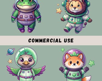Space Animals Clipart Bundle, 15 Animals in Space, Clip Art for Kids, Nursery Wall Decor, Animal Sublimation, Transparent PNGs