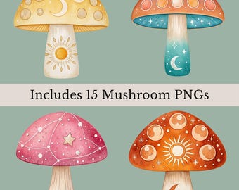 Mushroom Sublimation PNGs, 15 Celestial Watercolor Mushrooms Clipart, Hippie Boho Decor, Stars, Moons, Whimsical Wall Art, Transparent PNGs