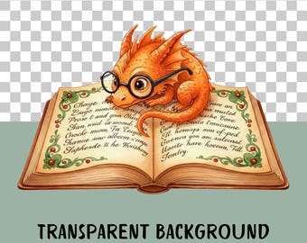 Puede incluir: Un dragón naranja con gafas negras está posado sobre un libro abierto con bordes decorativos y texto manuscrito. El texto "TRANSPARENT BACKGROUND" está en la parte inferior.
