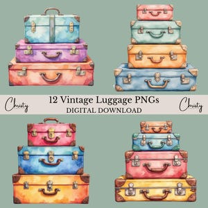 Antique Suitcases Clipart Bundle, 12 Watercolor Travel Graphics, Retro Suitcase Sublimation, Luggage Clip Art, Vacation, Transparent PNGs