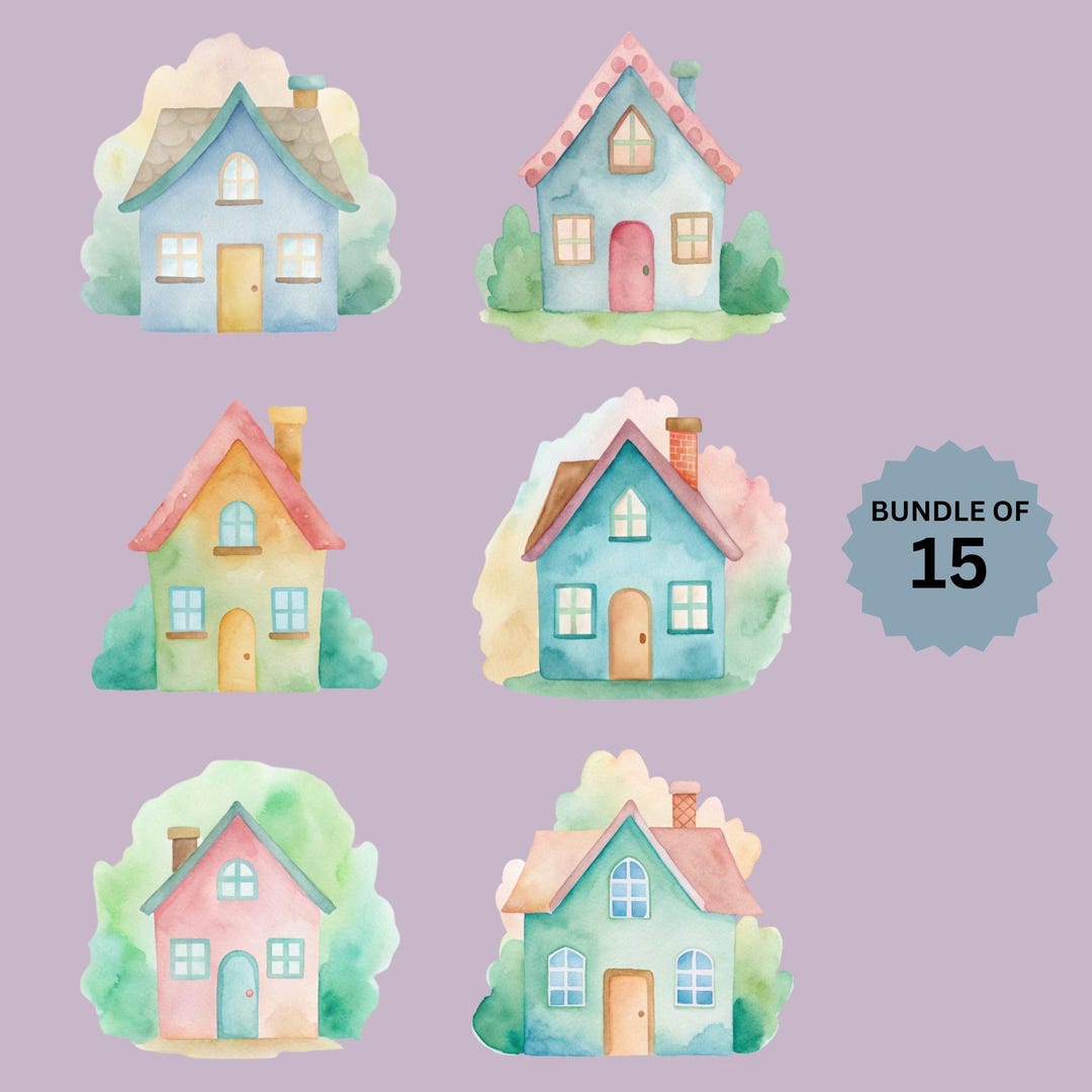 Watercolor Houses Clipart Bundle, 15 Cottage Designs, Tiny House Clip ...