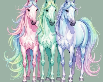 Wunderliche Pferde Clipart Bundle, 15 Aquarell Pferde Illustrationen, mystische Bauernhof Tiere, Basteln, Sublimation, transparente PNGs