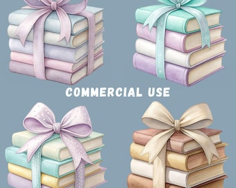 Coquette Bows & Books Clipart Bundle, 15 Watercolor Book Graphics, Coquette Bow Sublimation, Books Clip Art, Library Books, Transparent PNGs