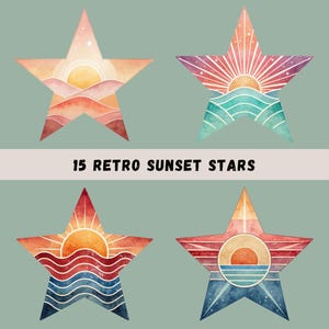 Retro Sunsets Clipart Bundle, 15 Watercolor Star-Shaped Vintage Sunsets, Sunset Sublimation, Star PNG Designs, Grunge, Transparent PNGs