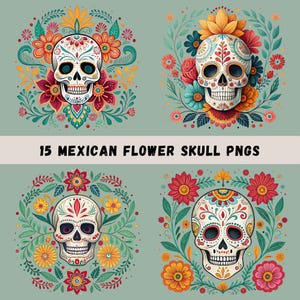 Mexican Sugar Skulls Clipart Bundle, 15 Sugar Skull PNGs, Skull Sublimation, Skull T-shirt Design, POD Use, Commercial Use, Transparent PNGs