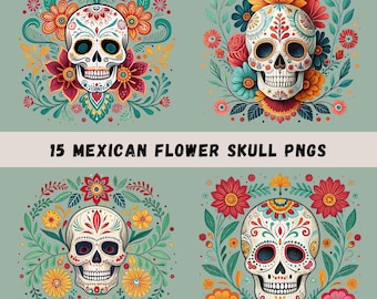 Mexican Sugar Skulls Clipart Bundle, 15 Sugar Skull PNGs, Skull Sublimation, Skull T-shirt Design, POD Use, Commercial Use, Transparent PNGs