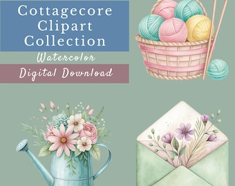 Cottagecore Clipart Bundle, 15 Whimsical Watercolor PNGs, Cozy Vintage Graphics, Crafting, Scrapbooking, Sticker Designs, Transparent