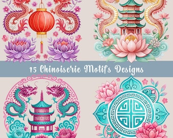 Chinoiserie Motiv Clipart Bundle, 15 asiatische Bilder, Chinoiserie Sublimation, Blumenillustrationen, Shirt-Designs, transparente PNGs