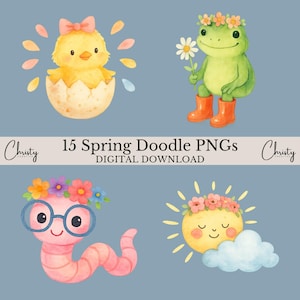 Puede incluir: Descarga digital de ilustraciones de primavera en acuarela. Incluye un pollito amarillo, una rana verde con botas naranjas, un gusano rosa con gafas y un sol sonriente. El texto dice "15 Spring Doodle PNGs DIGITAL DOWNLOAD."
