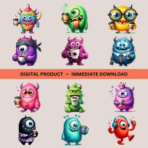 Kaffee trinkende Monster Bundle, 12 schrullig süße Monster, Monster Clipart, Dumme Monster Clip Art, lustige Monster Grafik Illustrationen
