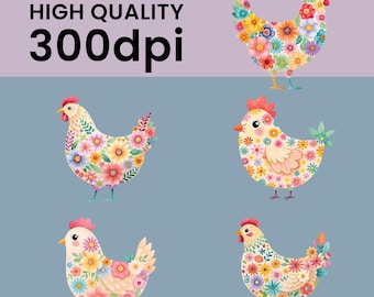 Floral Chicken Clipart Bundle, 15 Watercolor Chicken Designs, Flower Chicken Sublimation, Country Farmhouse Decor, Transparent PNGs