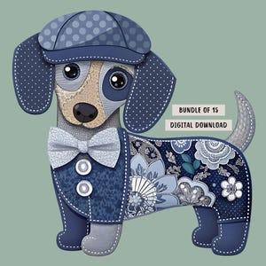 Niedliches Dackel Clipart Bundle, entzückende Patchwork Weiner Hunde, Kinderzimmer Dekor, Hundeliebhaber Designs, Dackel Bilder, Transparente PNGs