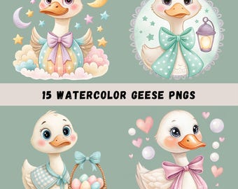 Goose Clipart PNGs, 15 Watercolor Geese, Farm Animal Images, Cute Geese Wall Art, Baby Shower Art, Nursery Sublimation, Transparent PNGs