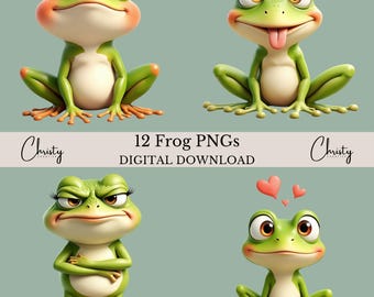 Paquete de imágenes prediseñadas de ranas, 12 gráficos de ranas en acuarela, lindas ilustraciones de ranas, PNG de sublimación, diseños divertidos de ranas, PNG transparente