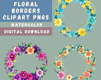Floral Borders Clipart Bundle, 16 Watercolor Flower PNGs, Flower Sublimation, Spring Blossoms, Summer Flower Illustrations, Transparent PNGs