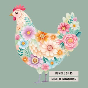 Floral Chicken Clipart Bundle, 15 Watercolor Chicken Designs, Flower Chicken Sublimation, Country Farmhouse Decor, Transparent PNGs