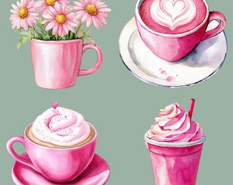Pink Coffee Clipart Bundle, 12 Watercolor Coffee Graphics, Coffee Clip Art, Coffee Illustrations, Pink Sublimation, Transparent PNGs