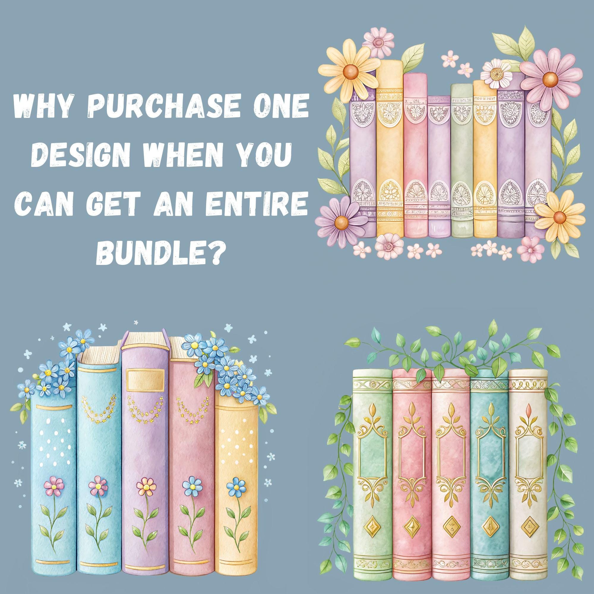 Books & Flowers Clipart Bundle 15 Watercolor Floral Book Graphics Book ...