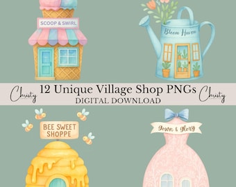 Dorfläden Clipart-Bundle, 12 einzigartige Aquarell-Schaufenster, kunstvolle Sublimation, Gebäude-Illustrationen, Laden-Grenze, transparente PNGs
