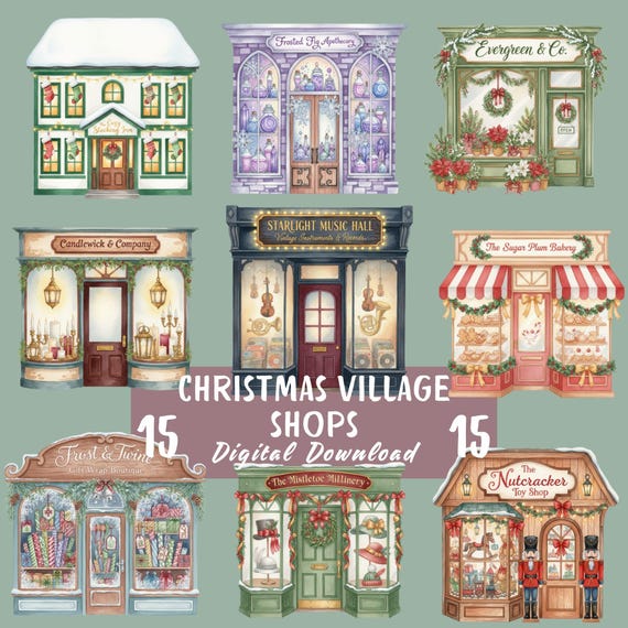 Christmas Village Clipart Bundle, 15 Watercolor Storefront Designs, Card Making, Crafting, Holiday Sublimation, Transparent PNGs